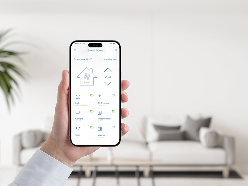 Smart home app concept on mobile home in woman hand